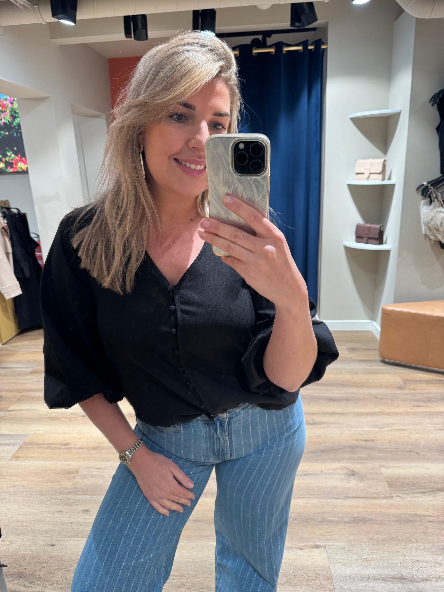 Blouse linnen/viscose zwart
