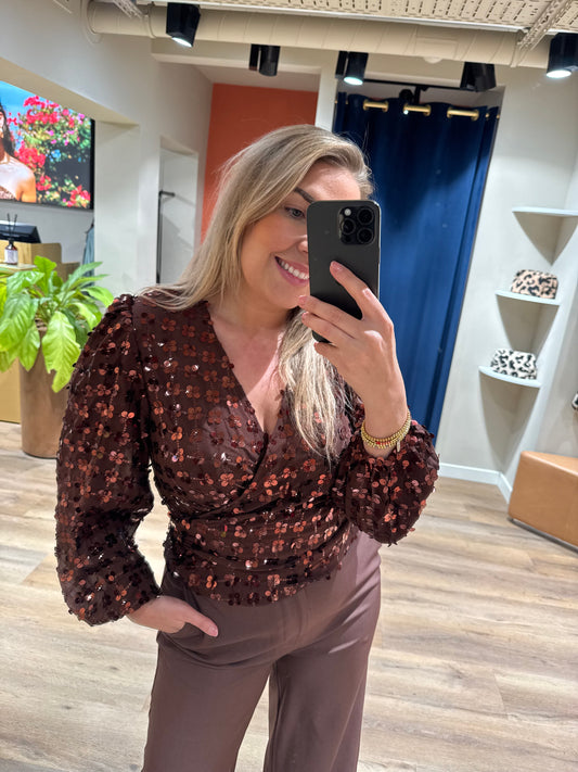 Overslag glitter blouse bruin