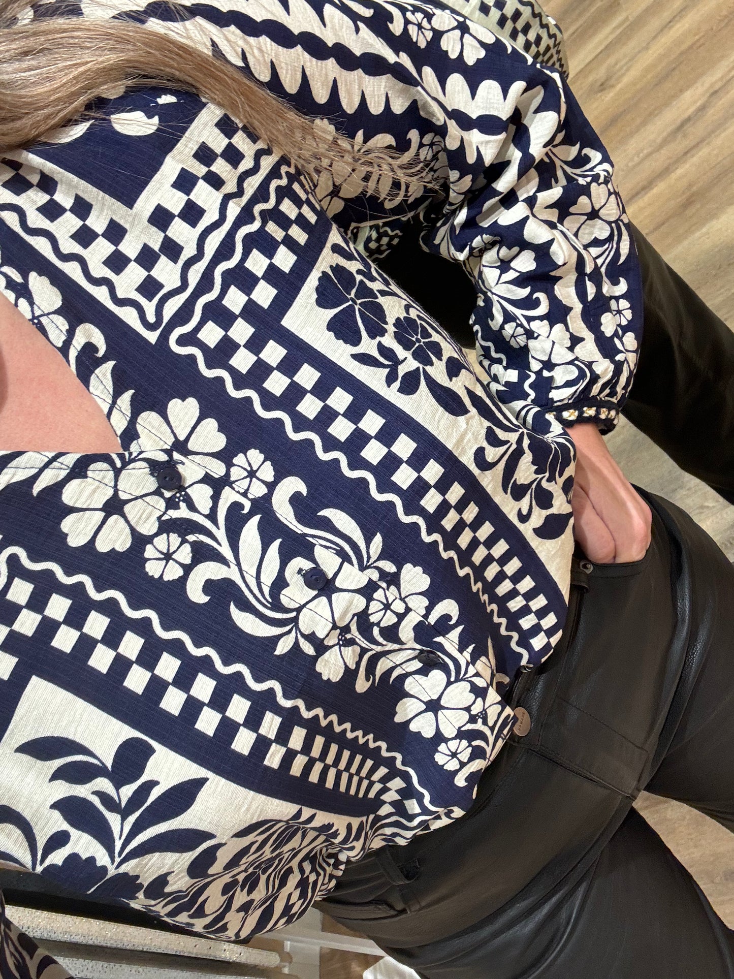 Print blouse blauw/wit