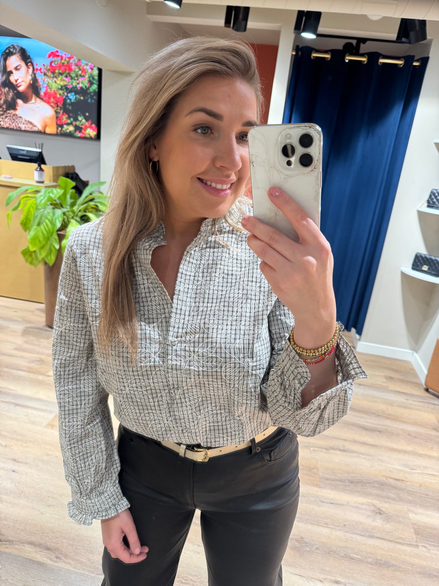 Blouse ruit/broderie print