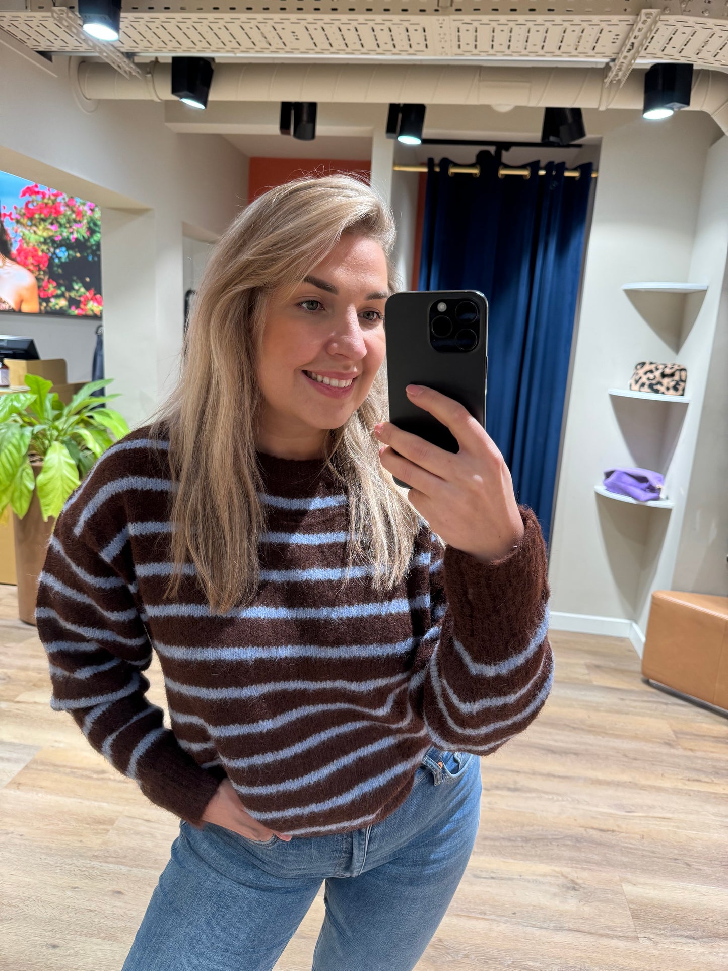 Streep trui bruin/blauw