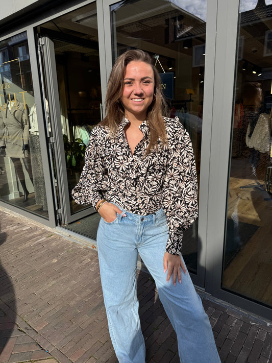 Blouse zwart/beige bloemen