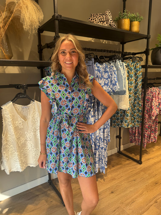 Print jurk blauw groen