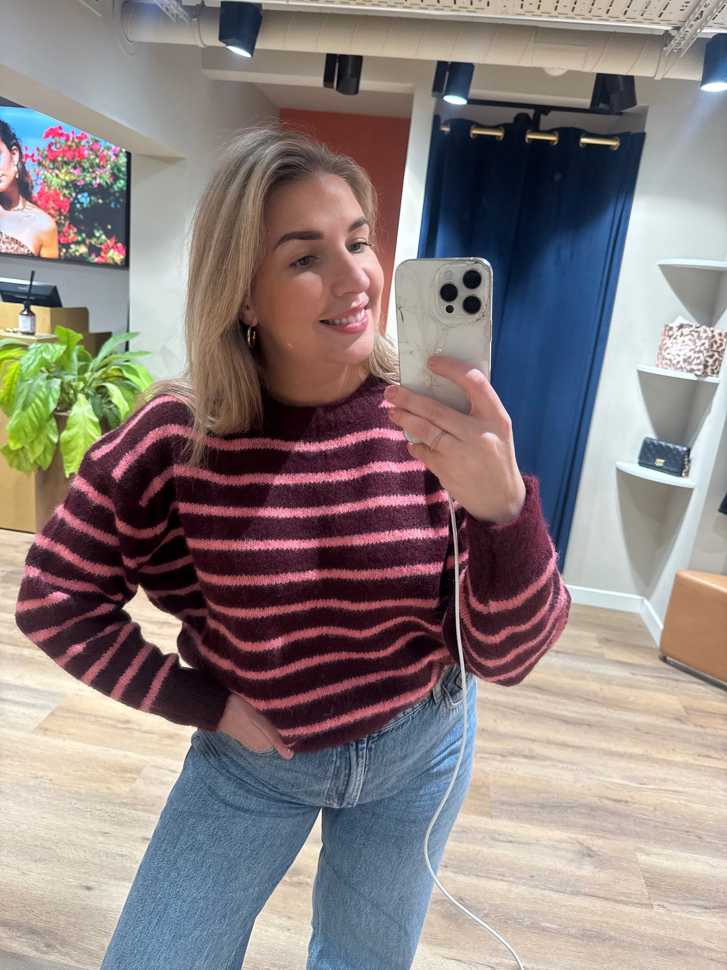 Streep trui Bordeaux/roze