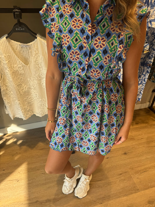 Print jurk blauw groen