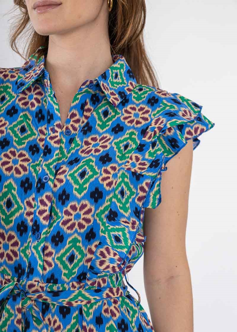 Print jurk blauw groen