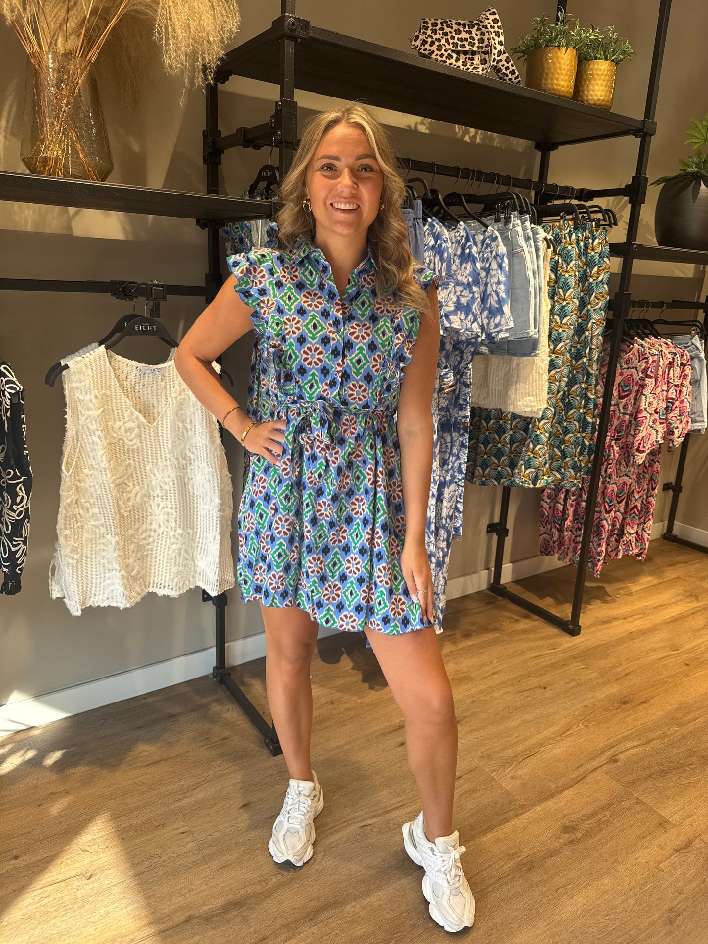 Print jurk blauw groen