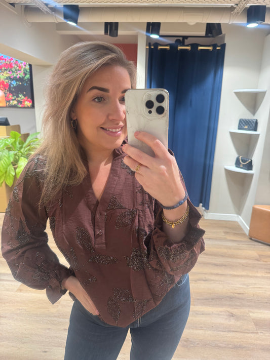 Bruine broderie glitter blouse