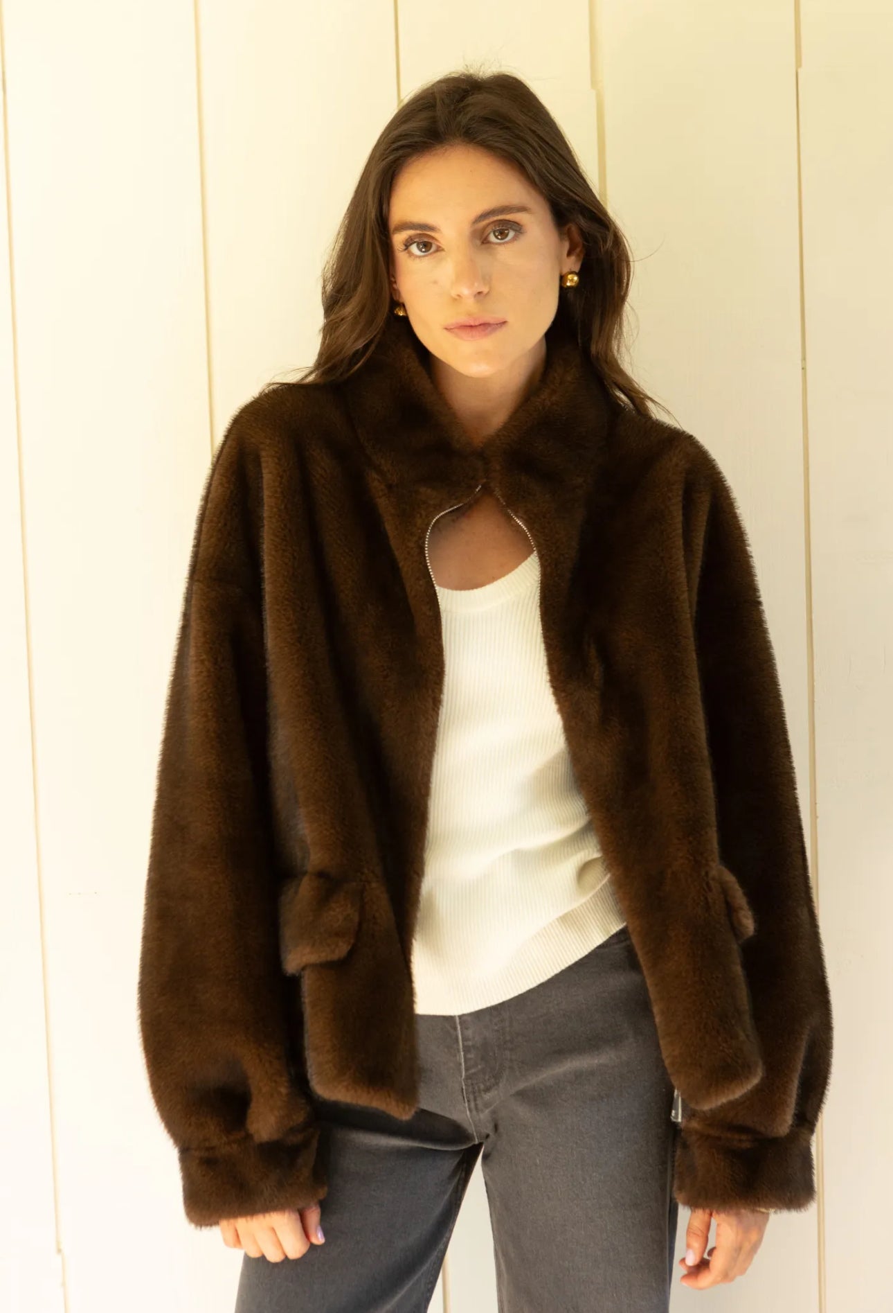 Faux fur jacket brown