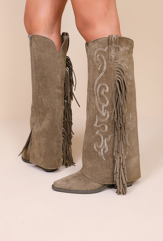 Hoge laars suède khaki fringe