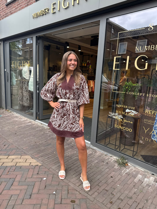 Jurk print bruin/wit