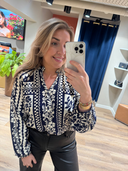 Print blouse blauw/wit
