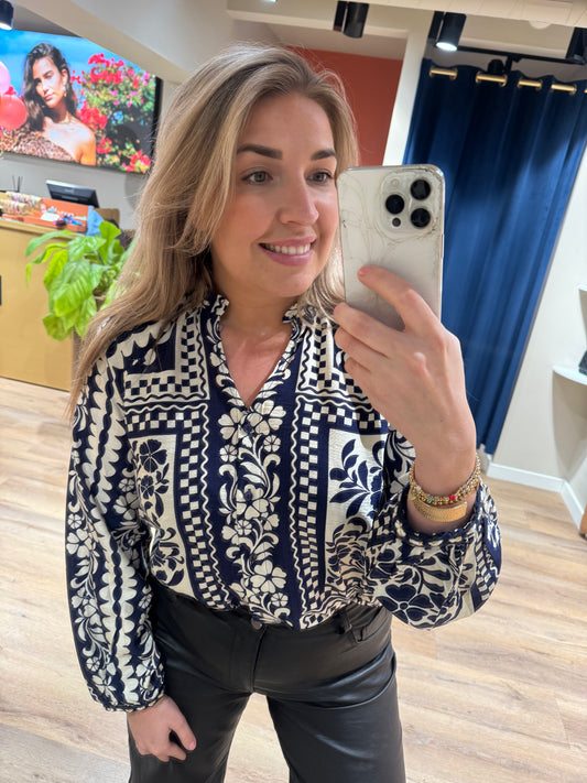 Print blouse blauw/wit